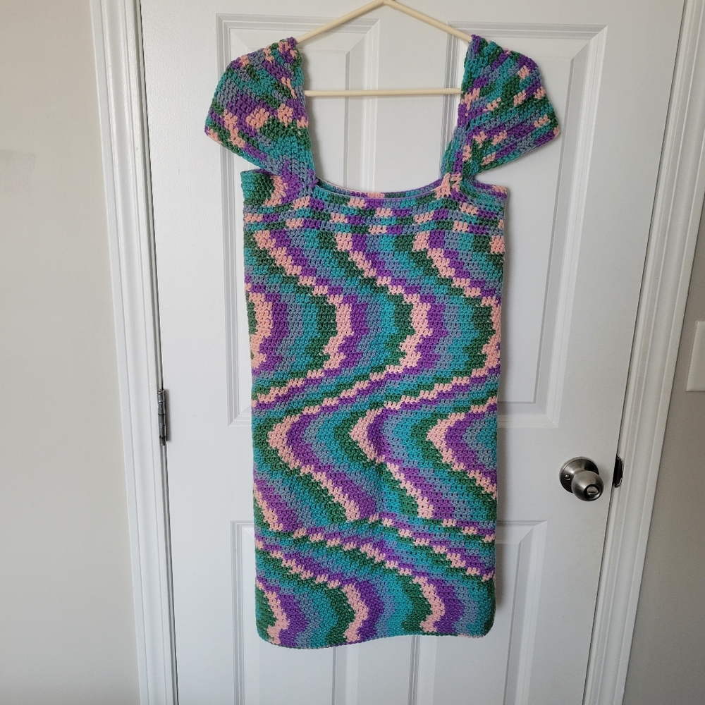 Unbranded Handmade Crochet Square Neck Dress Sz S/M Blue Purple Summer Retro/VTG